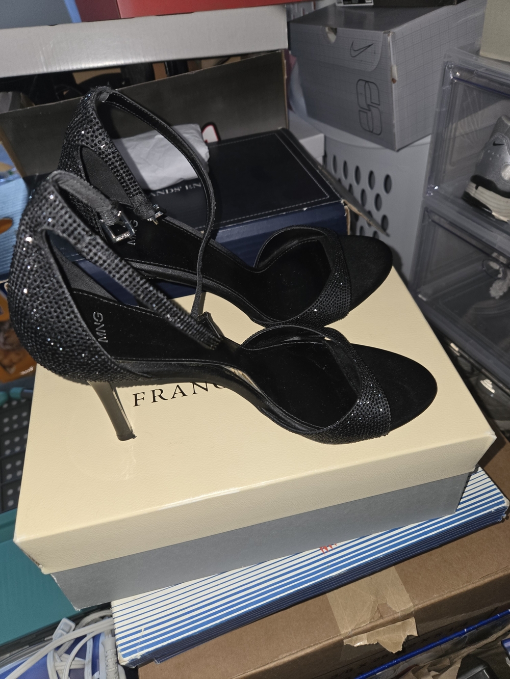 Mango Black Rhinestone Ankle-Strap Heels